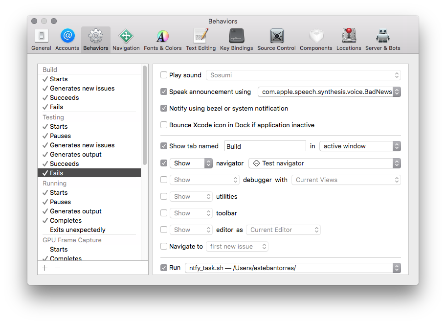 Xcode Preferences showing the Behaviors tab
